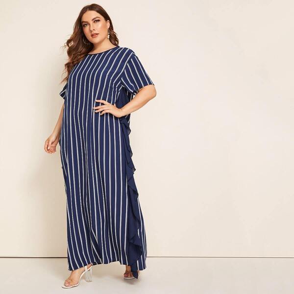 

Plus Ruffle Trim Striped Dress