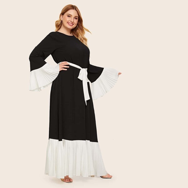 

Plus Pleated Bell Sleeve Self Belted Two Tone Dress, Black