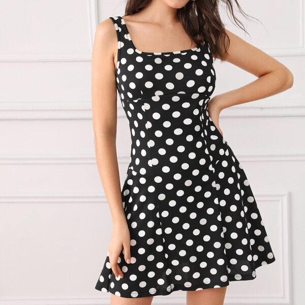 

Polka Dot Tank Flare Dress, Black and white