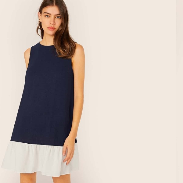 

Keyhole Back Colorblock Ruffle Hem Dress