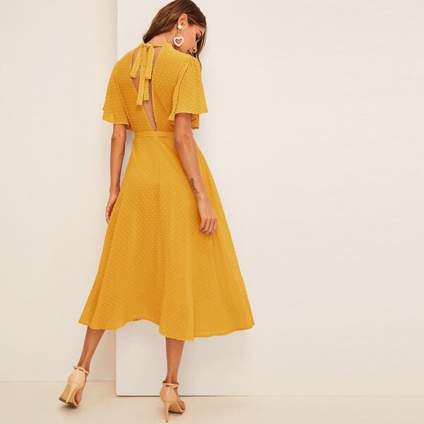 

Tie Neck Split Back Flutter Sleeve Swiss Dot Dress, Yellow
