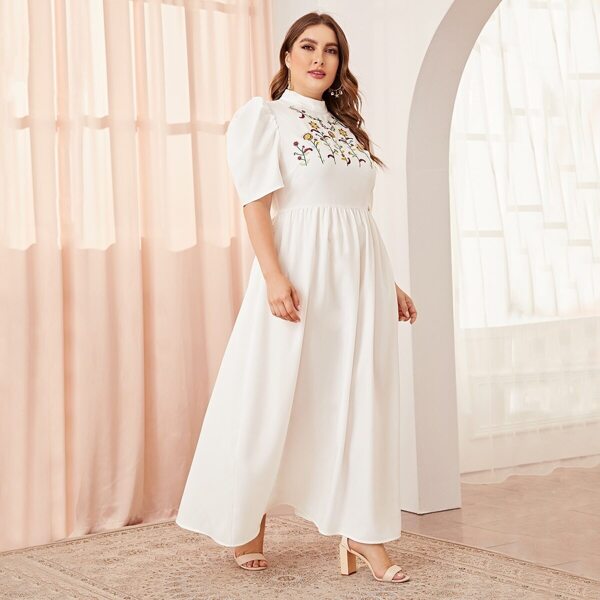 

Plus Mock-neck Embroidered Botanical Puff Sleeve Dress, White