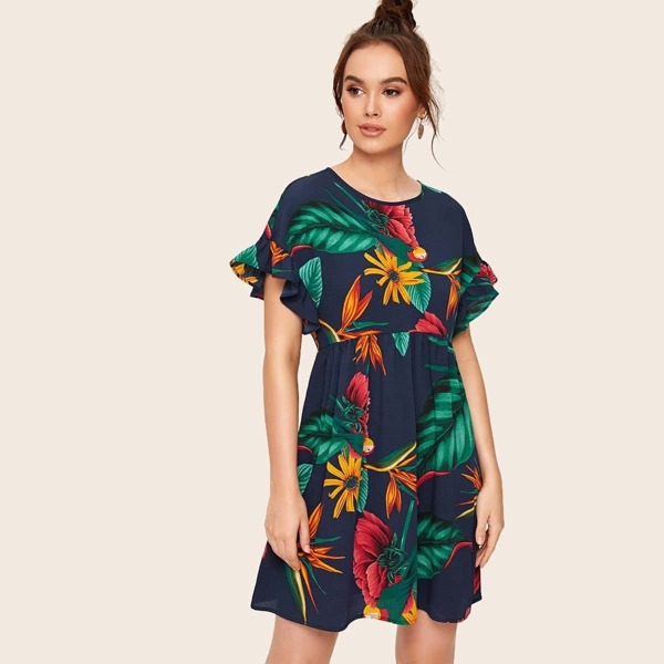 

High Waist Ruffle Cuff Tropical Print Dress