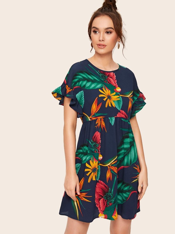 

High Waist Ruffle Cuff Tropical Print Dress, Multicolor, Katja