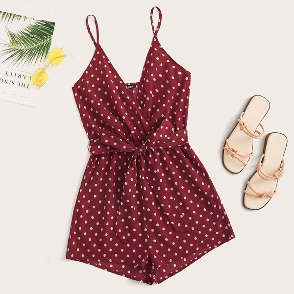 

Polka Dot Surplice Neck Self Belted Romper