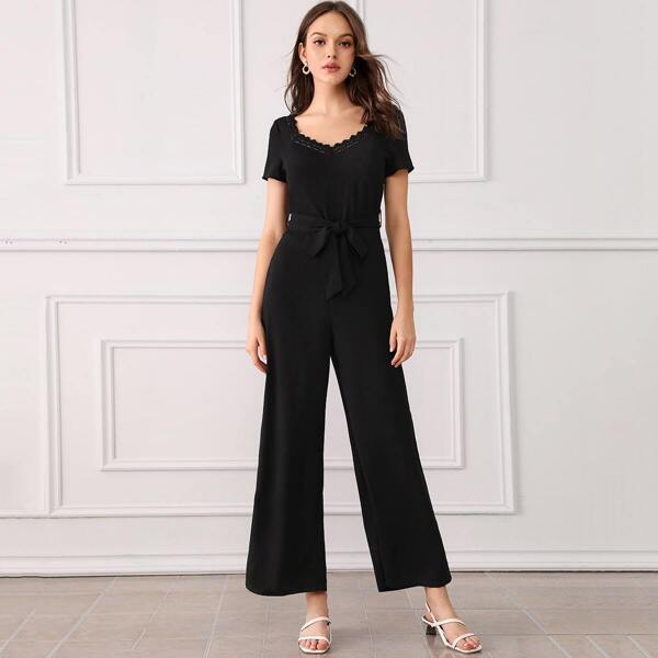 

Lace Trim Belted Maxi Wide Leg Jumpsuit