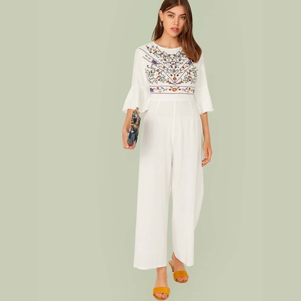 

Bell Sleeve Embroidery Detail Palazzo Jumpsuit, White