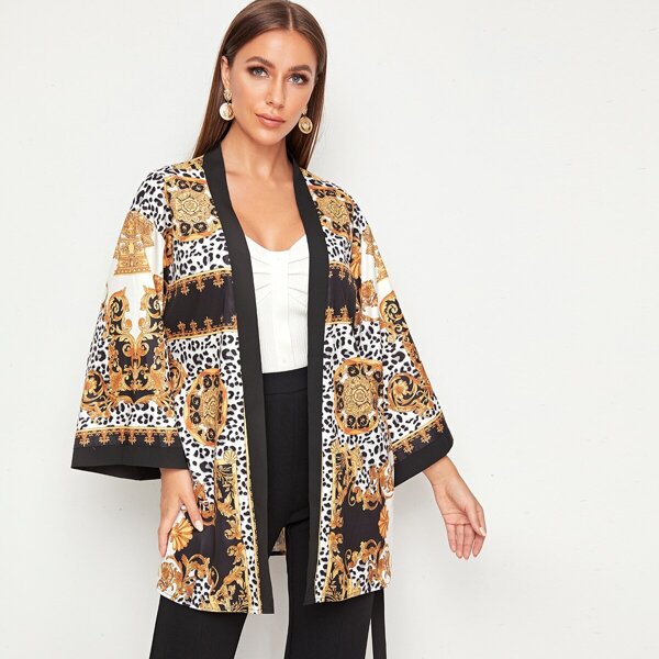 

Open Front Self Belted Scarf Print Kimono, Multicolor