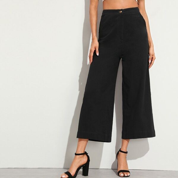 

Button Fly Pocket Side Palazzo Pants, Black