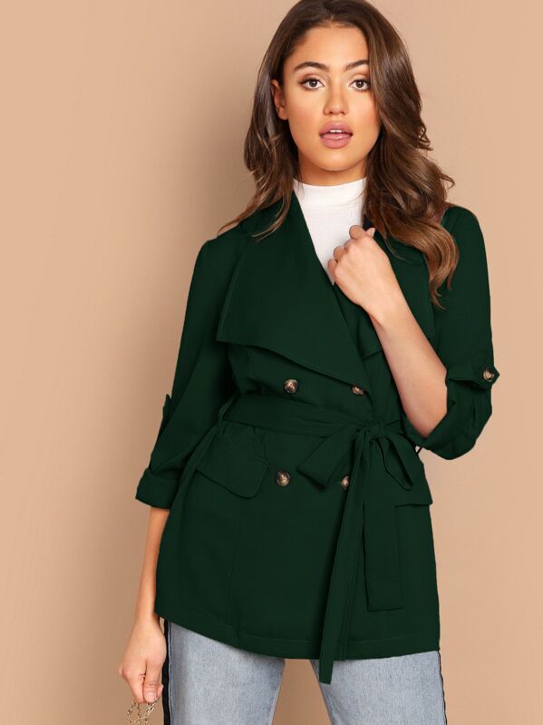 

Waterfall Collar Rolled Tab Sleeve Double Breasted Coat, Green, Clara Wilsey