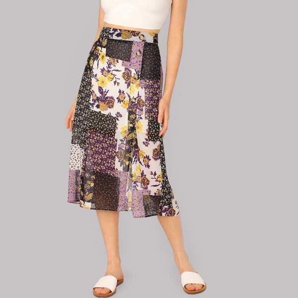 

Button Front Patchwork Floral Print Skirt, Multicolor