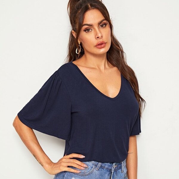

Plunging Flutter Sleeve Solid Top