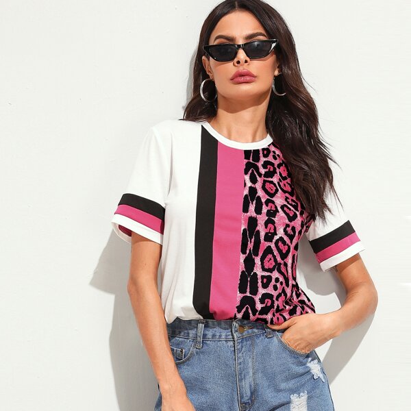 

Cut-and-Sew Leopard Print Top