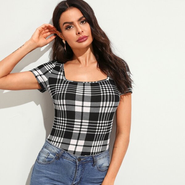 

Square Neck Fitted Plaid Top, Black and white