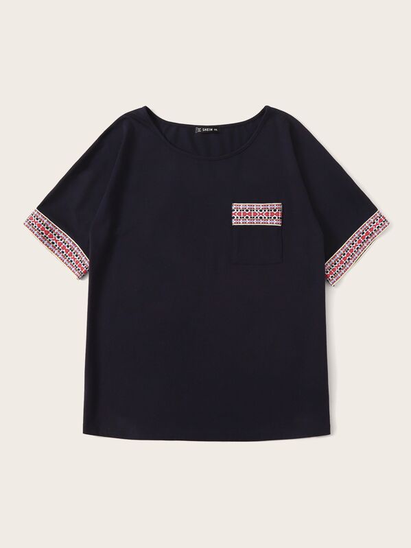 

Plus Tribal Tape Cuff Pocket Patched Top, Navy