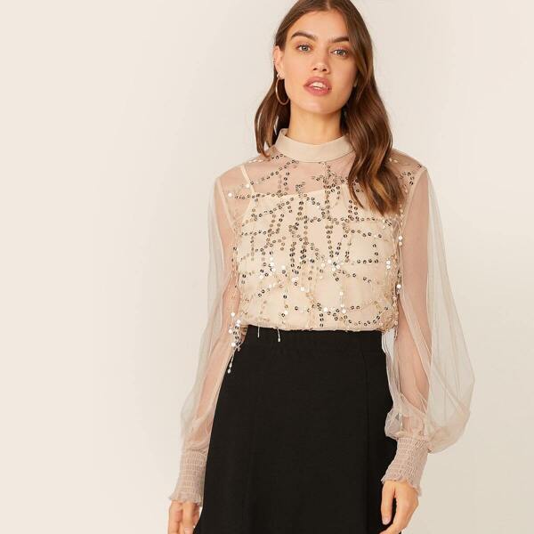 

Mock-Neck Sequin Fringe Shirred Cuff Mesh Top Without Cami