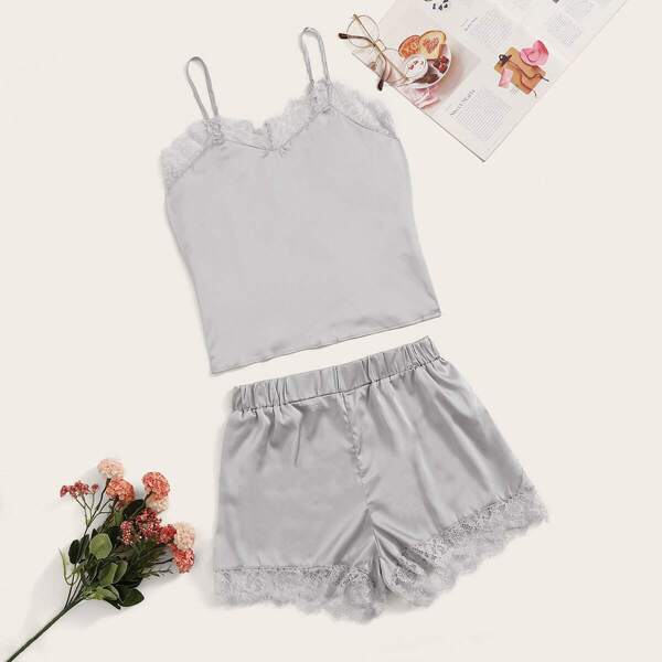 

Lace Trim Satin Cami Top & Shorts Set