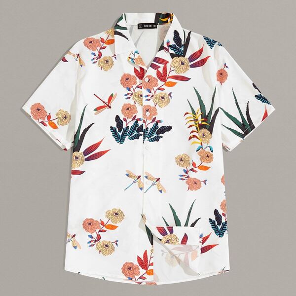 

Men Revere Collar Botanical Print Shirt