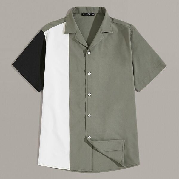 

Men Revere Collar Colorblock Shirt