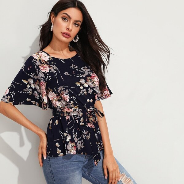 

Floral Print Flutter Sleeve Self Belted Top, Navy