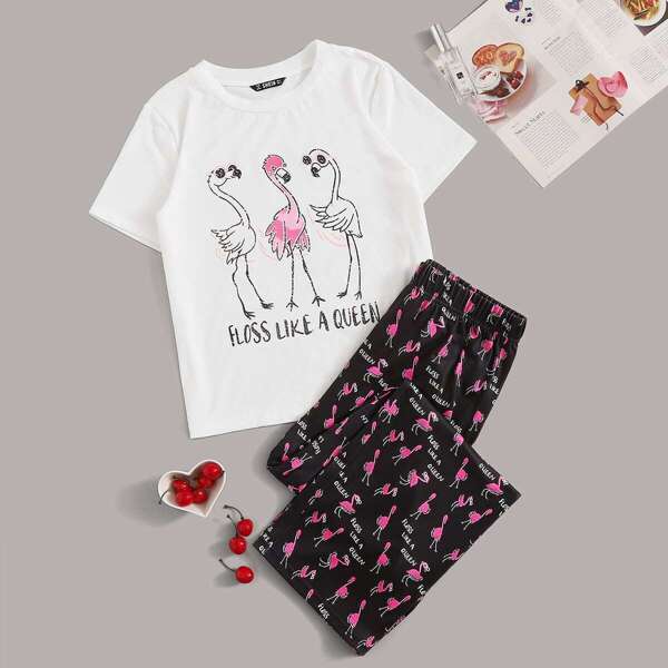 

Flamingo and Slogan Tee and Pants PJ Set