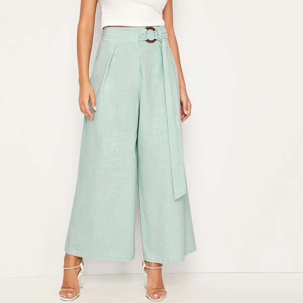 

O-ring Belted Wide Leg Pants, Green