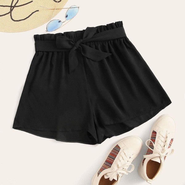

Belted Paperbag Waist Shorts, Black