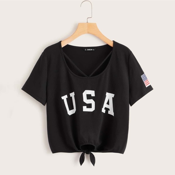

Red White and Blue Print Strappy Neck Tie Hem Tee