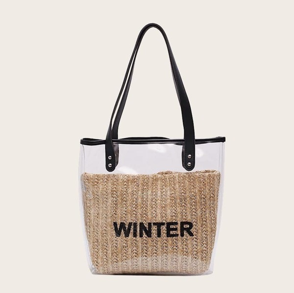 

Letter Print Clear Tote Bag With Woven Inner Pouch