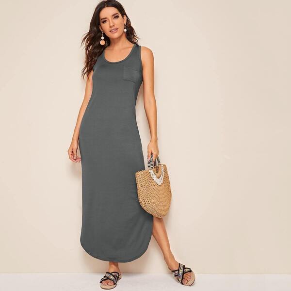 

Slit Hem Solid Maxi Tank Dress, Grey