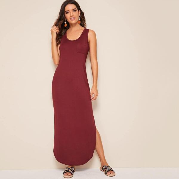 

Solid Split Hem Pocket Tank Dress, Burgundy