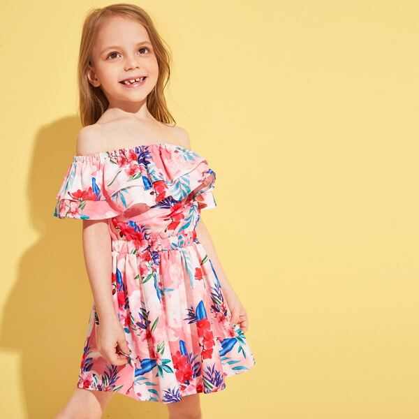 

Toddler Girls Botanical Print Layered Flounce Trim Bardot Dress