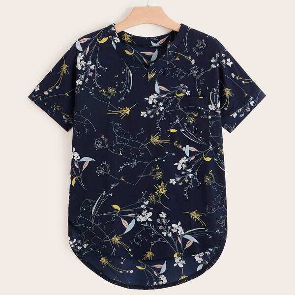 

Plus V-neck Floral Print High Low Blouse