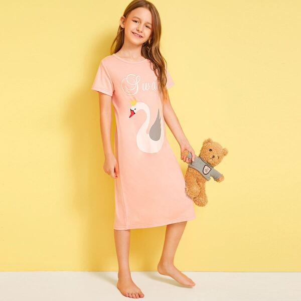 

Girls Swan & Letter Print Night Dress, Pink pastel