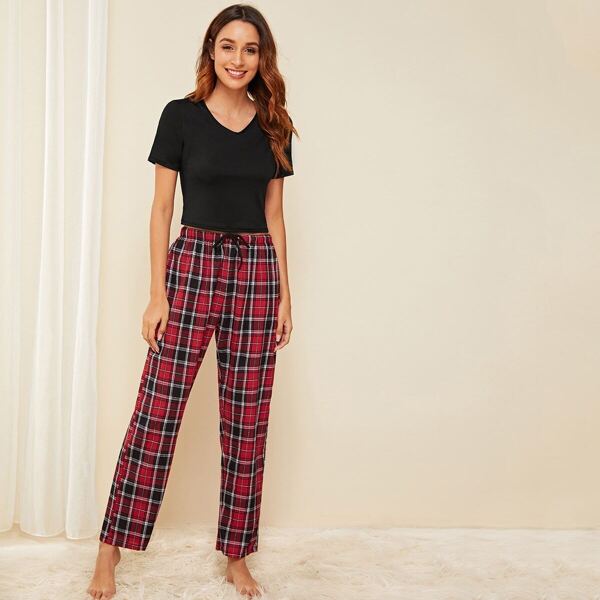 

Solid Top & Plaid Pants PJ Set, Multicolor