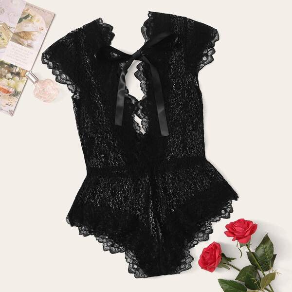 

Deep-V Knot Back Lace Romper Bodysuit, Black