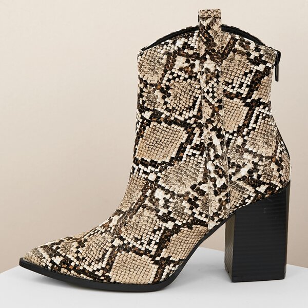 

Pointy Toe Snakeskin Pull Strap Block Heel Booties