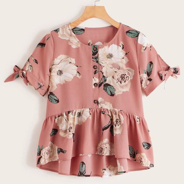 

Floral Print Knot Cuff Ruffle Hem Blouse