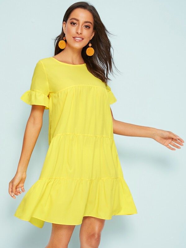 

Solid Flounce Sleeve Ruffle Hem Dress, Yellow, Mary P.