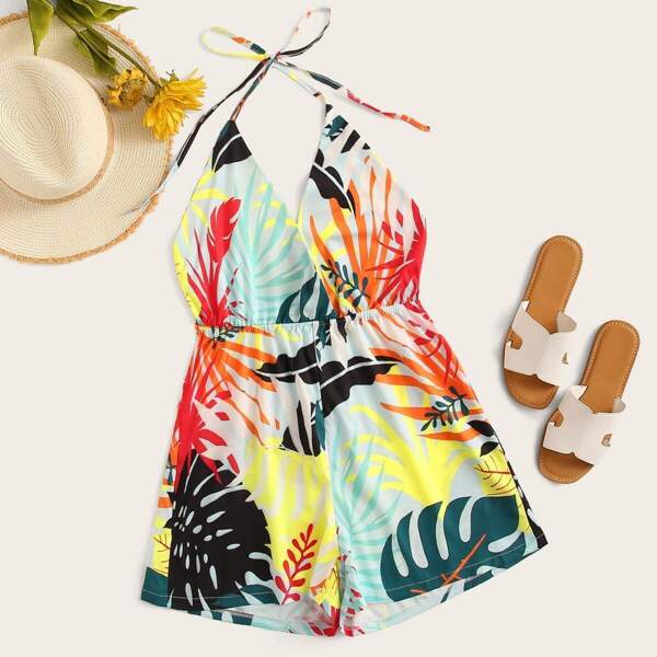 

Tropical Print Backless Halter Playsuit