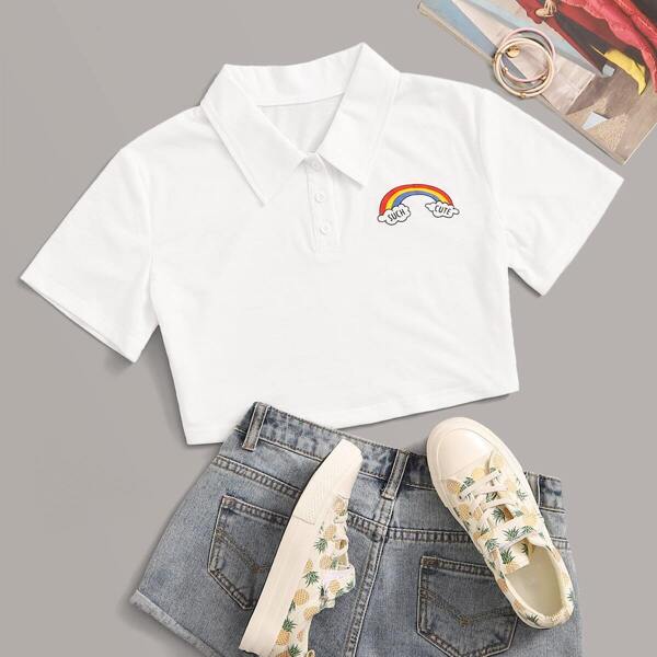 

Rainbow Print Polo Neck Crop Top