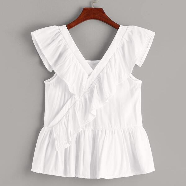 

Solid Flounce Trim Ruffle Hem Top, White