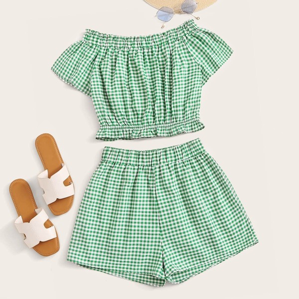 

Gingham Frill Trim Bardot Top & Shorts