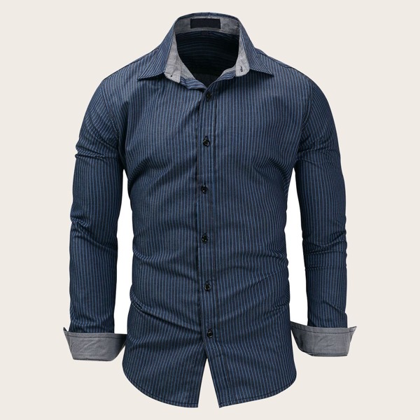 

Men Striped Button Front Denim Shirt