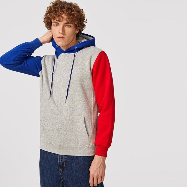

Men Drawstring Colorblock Contrast Sleeve Hooded Sweatshirt