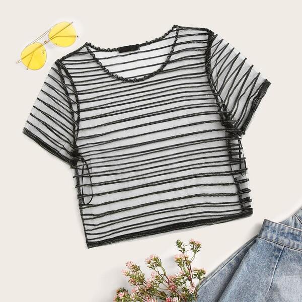 

Striped Sheer Mesh Top Without Bra