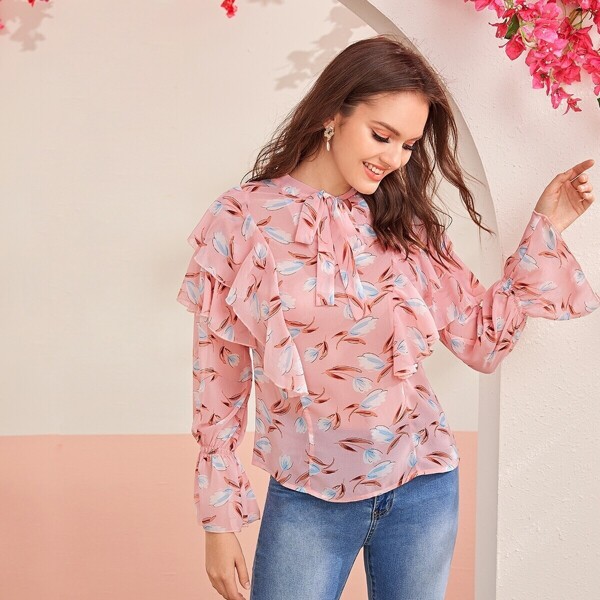 

Botanical Print Tie Neck Ruffle Trim Top