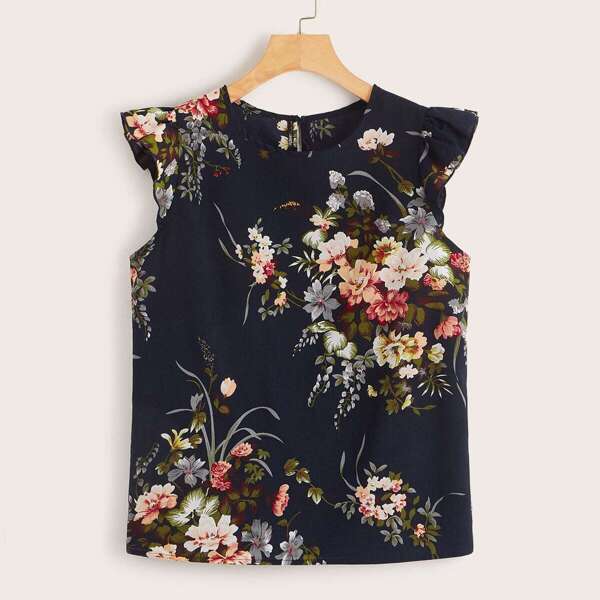 

Floral Print Ruffle Trim Keyhole Back Top