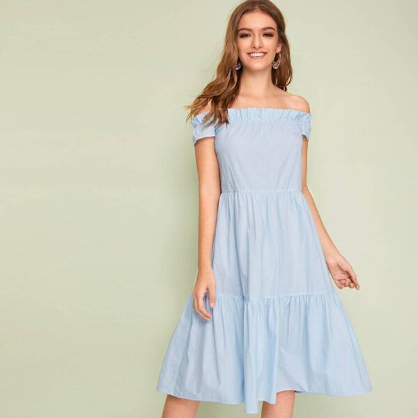 

Solid Off Shoulder Frill Trim Layered Hem Dress, Blue pastel