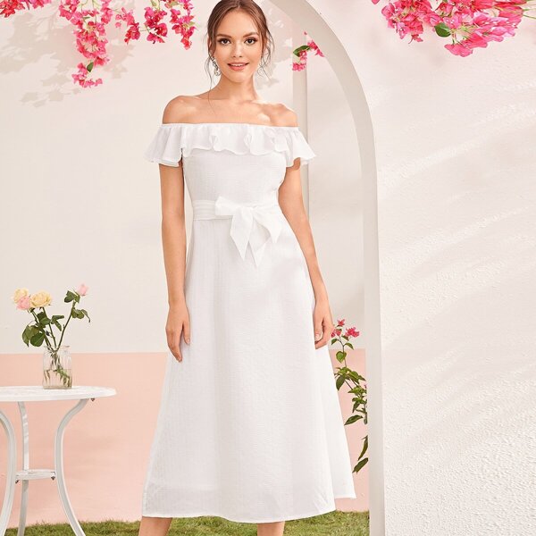 

Bardot Ruffle Trim Belted Dress